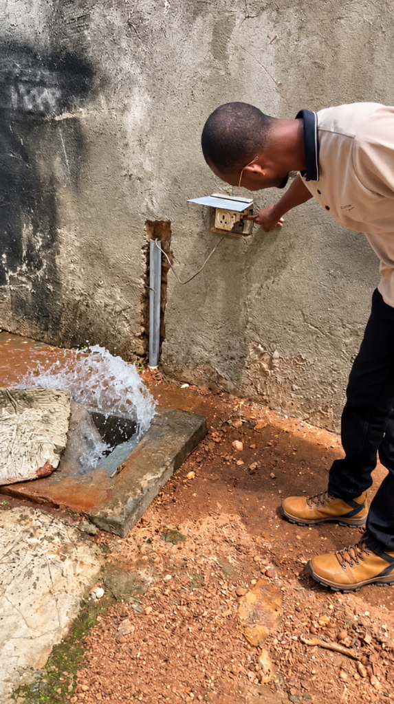 echnician checking water flow at a Biofil toilet system installation