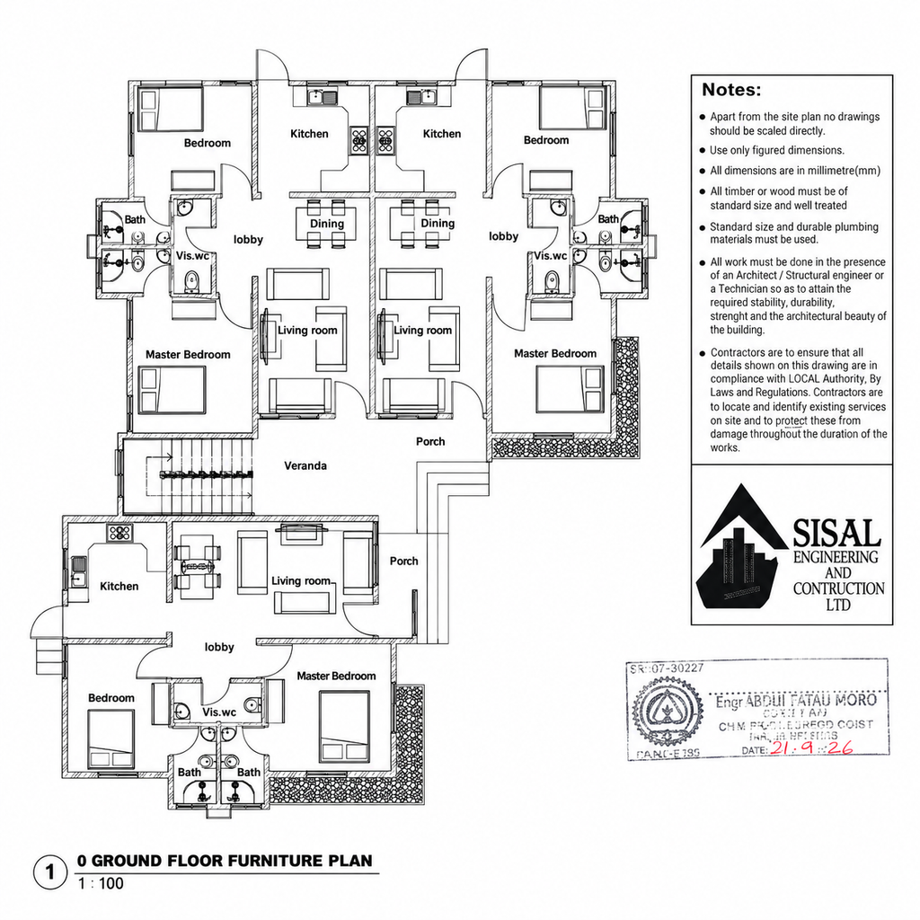 Ground-floor furniture layout showing bedrooms, living rooms, kitchens, bathrooms and porches.