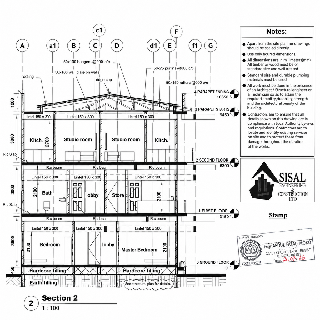Building cross-section showing roof framing, internal rooms, floor heights and foundation details.
