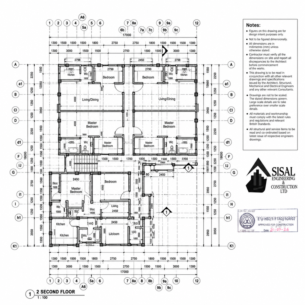 Second-floor architectural plan showing room layouts, stair access, grid lines and dimensions.