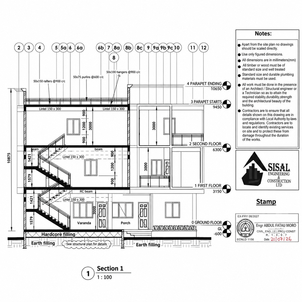 Architectural section of a three-storey residential building showing staircases, floor levels and foundation details.