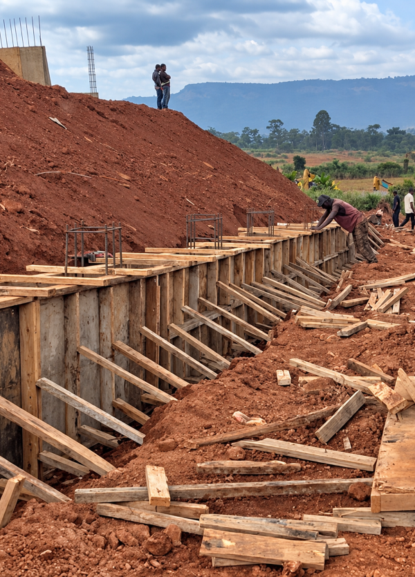 Workers assembling timber formwork and bracing for a concrete wall beside an excavated slope.
