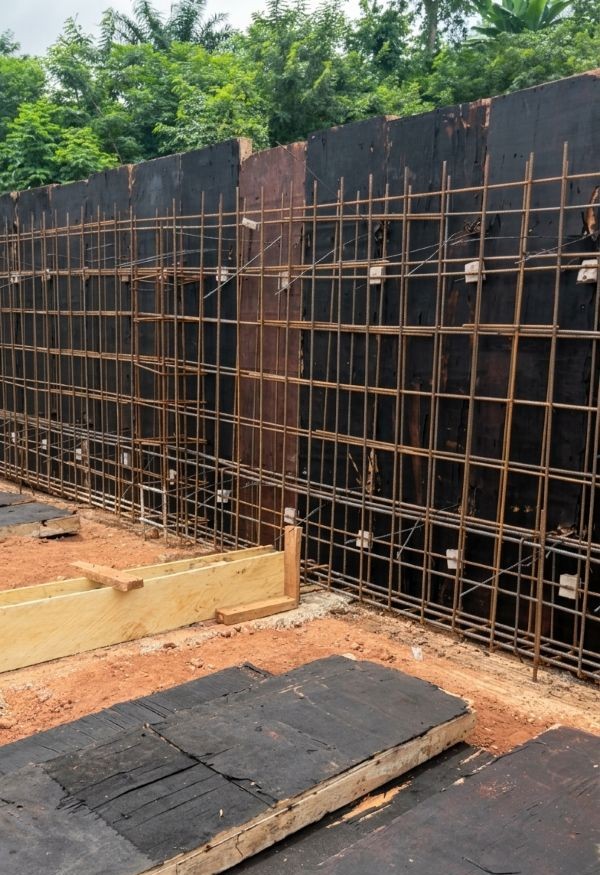 Reinforced steel rebar grid framing for a tall concrete retaining wall.