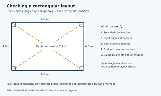 Building setting out diagram showing side lengths, right angles and diagonal checks for a rectangular layout