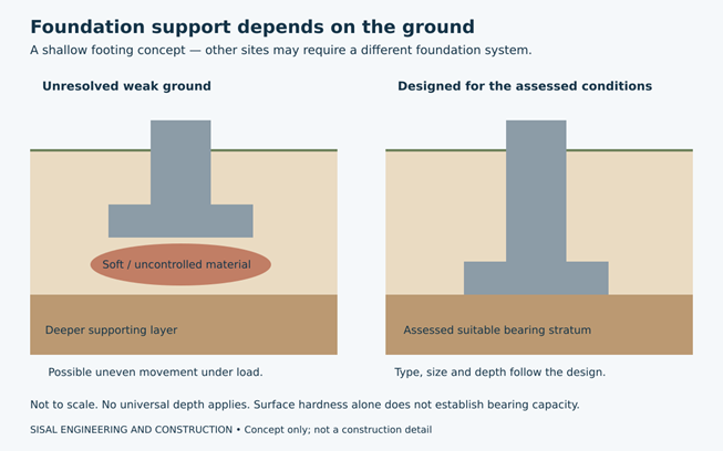 Foundation diagram comparing a footing above weak ground with a designed footing on a suitable bearing layer