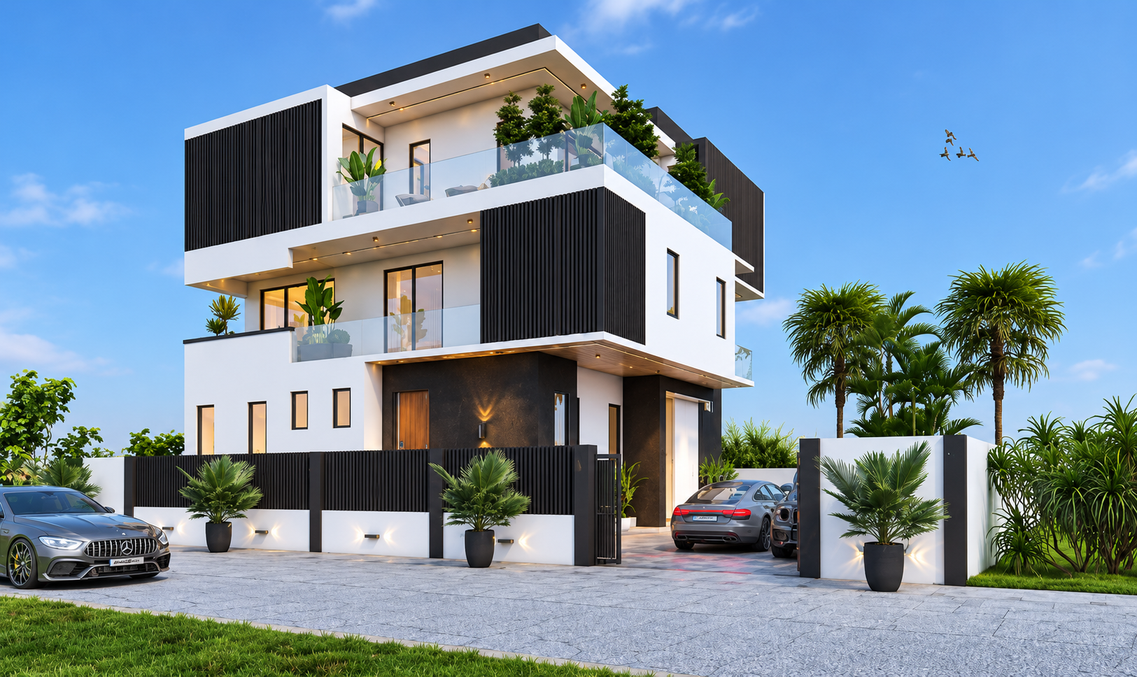 Architectural rendering of a modern three-storey house with black-and-white finishes, glass balconies and a gated driveway.