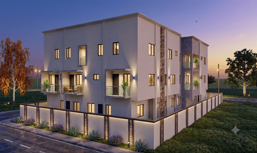 Architectural rendering of a three-storey apartment building with balconies, landscaped grounds and a boundary wall at dusk.